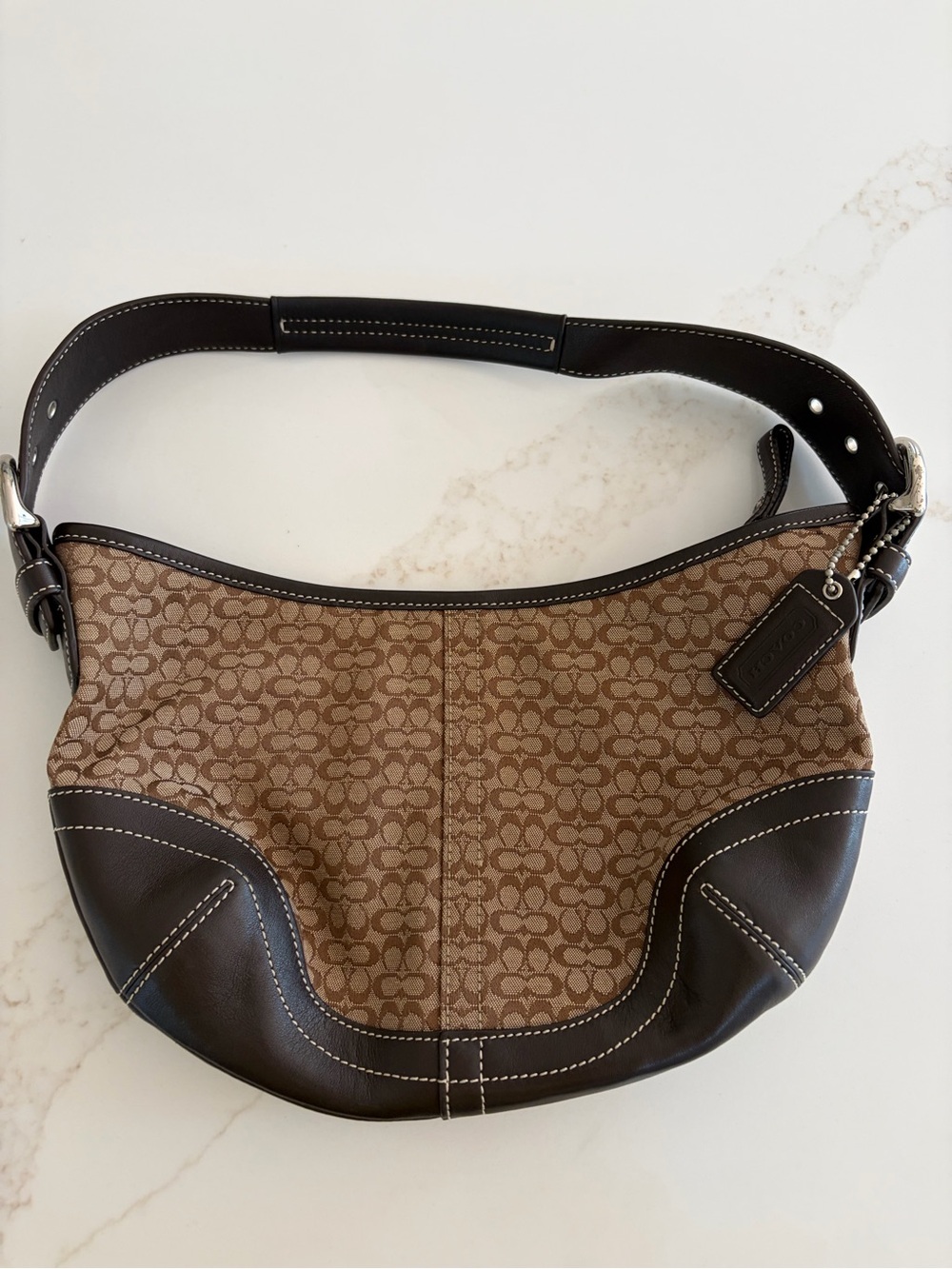 Coach Brown Signature Canvas and Dark Brown Leather Shoulder Bag